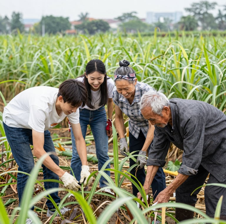 A serene Japanese island sugarcane field with an elderly farmer tending plants under a soft morning light.