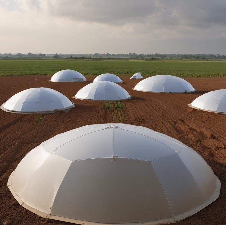 A sleek, transparent dome covering a farmland landscape under a clear blue sky with storm clouds approaching in the distance.