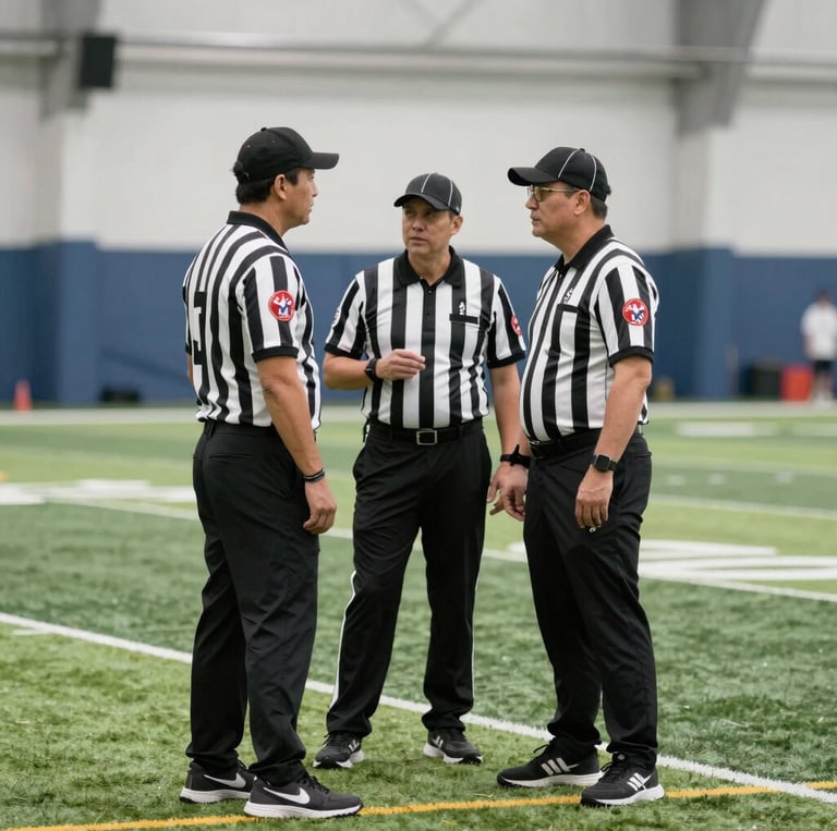 picture of refs talking on an indoor football field
