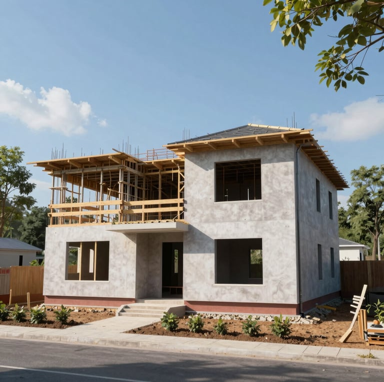 A skilled construction worker measuring wood beams on a sunny building site.