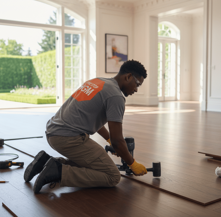 a man is working on a hardwood floor