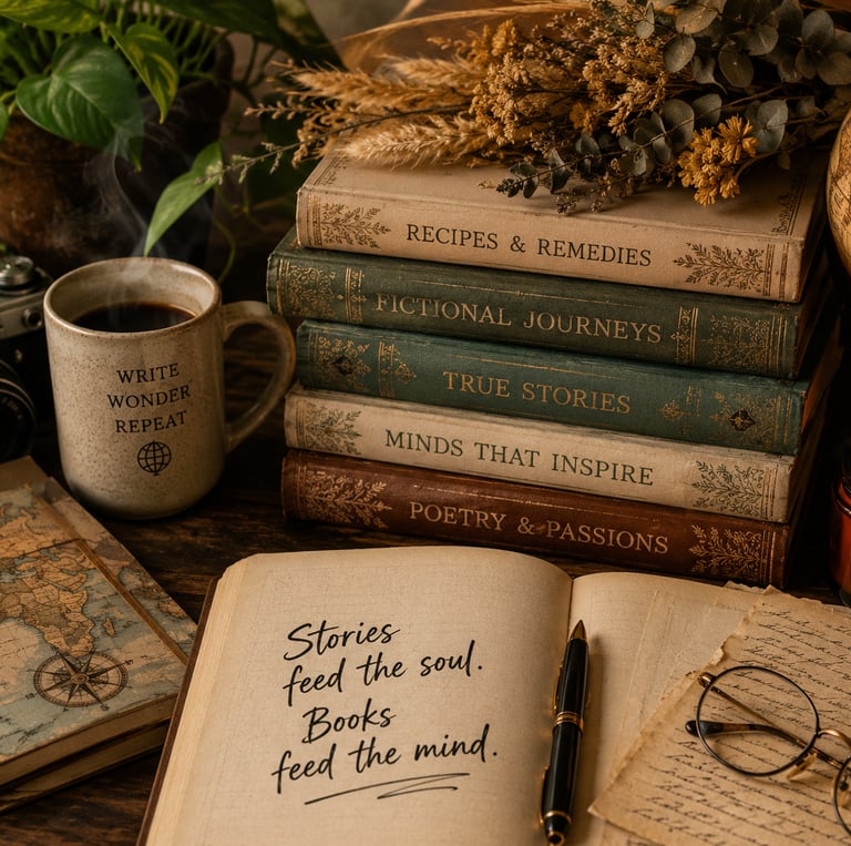 Vintage aesthetic flatlay with old books, coffee mug, and fountain pen on a wooden desk.