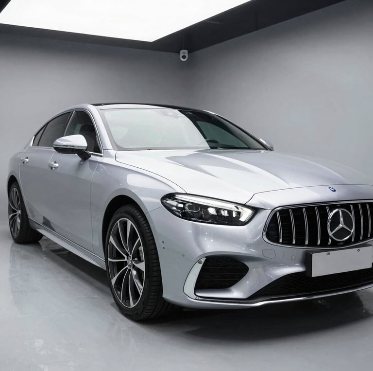 A silver Mercedes-Benz luxury sedan parked in a modern showroom with sleek alloy wheels and LED headlights.