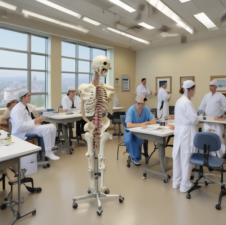A focused orthopedic surgeon demonstrating surgical techniques to attentive trainees in a clinical setting.
