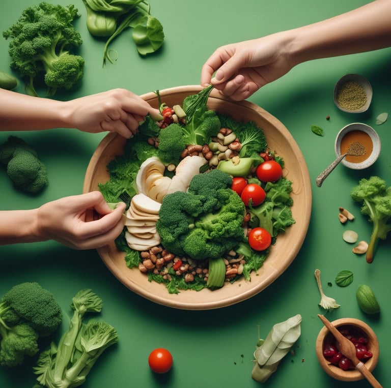 Floating food items including cherry tomatoes, almonds, cashews, slices of red bell pepper, cheese cubes, lettuce, and ham. A fork is levitating among these ingredients. The letters spelling 'DIET' are arranged with small tiles like a game. The background is a solid light green color.