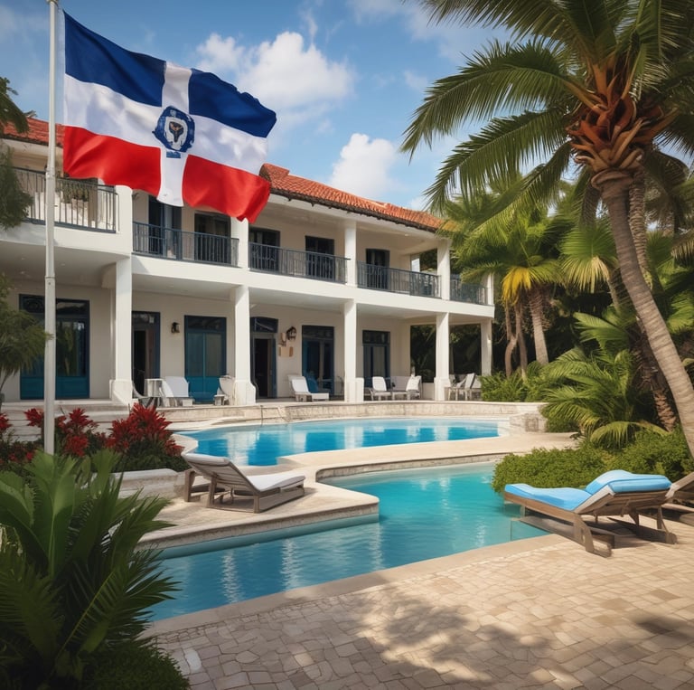 A building with dark blue and white walls, featuring ornate white balconies. A Puerto Rican flag hangs prominently from the balcony. Lush green foliage frames the image, adding a sense of seclusion and tranquility.