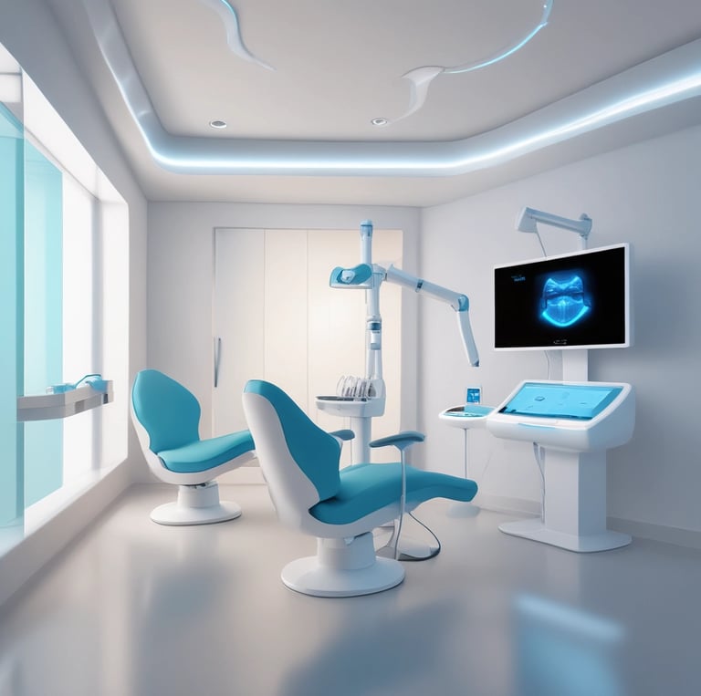 A sleek modern office with futuristic digital interfaces glowing in neon blue and dark tones.