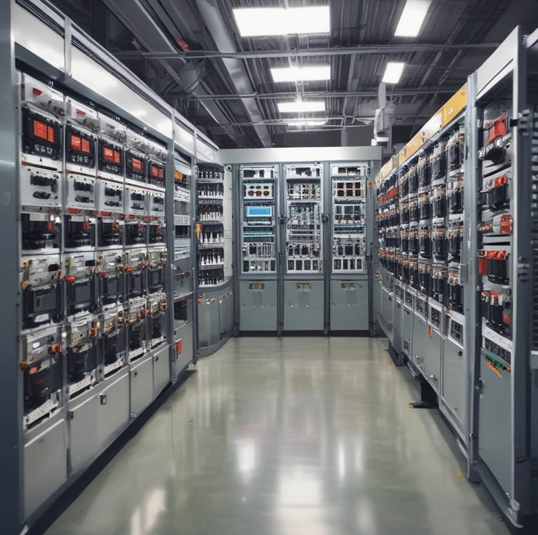 A technician working on various industrial electronic devices in a modern workshop.