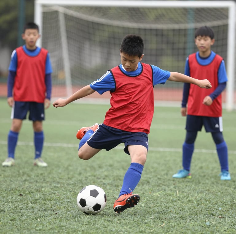 A group of young female athletes in sports attire are gathered together, some wearing red jackets or maroon jerseys with the logo of a soccer academy. They appear to be standing in front of a wire fence with spectators in the background, dressed in casual clothing.