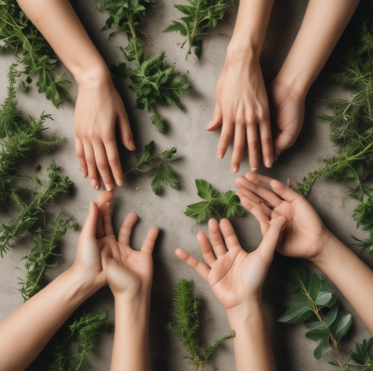 Four women practicing holistic wellness in a natural setting