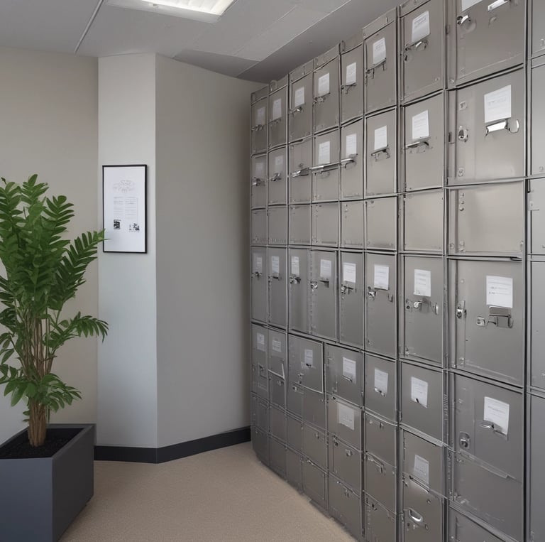 A modern office suite with a welcoming reception area and organized mailboxes.