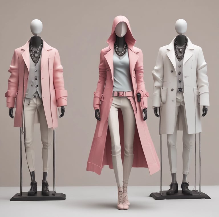 The entrance of a clothing store made of glass and metal, featuring rows of trendy jackets inside. A notable statue with a stylized design stands near the entrance, and a red and white brand sign is prominently displayed above.