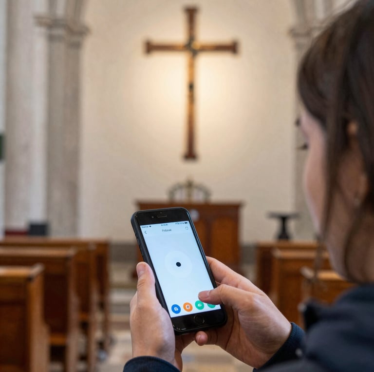 A serene scene of a family listening to a catechism audio guide together in a cozy living room.