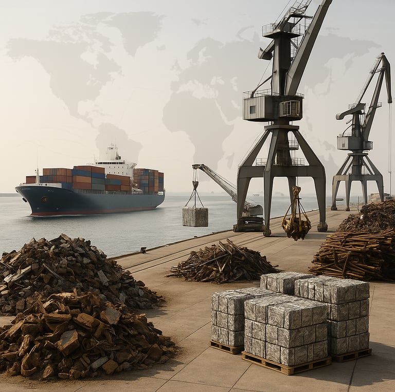 Global scrap export scene with a container ship, cranes, and stacked metal materials.