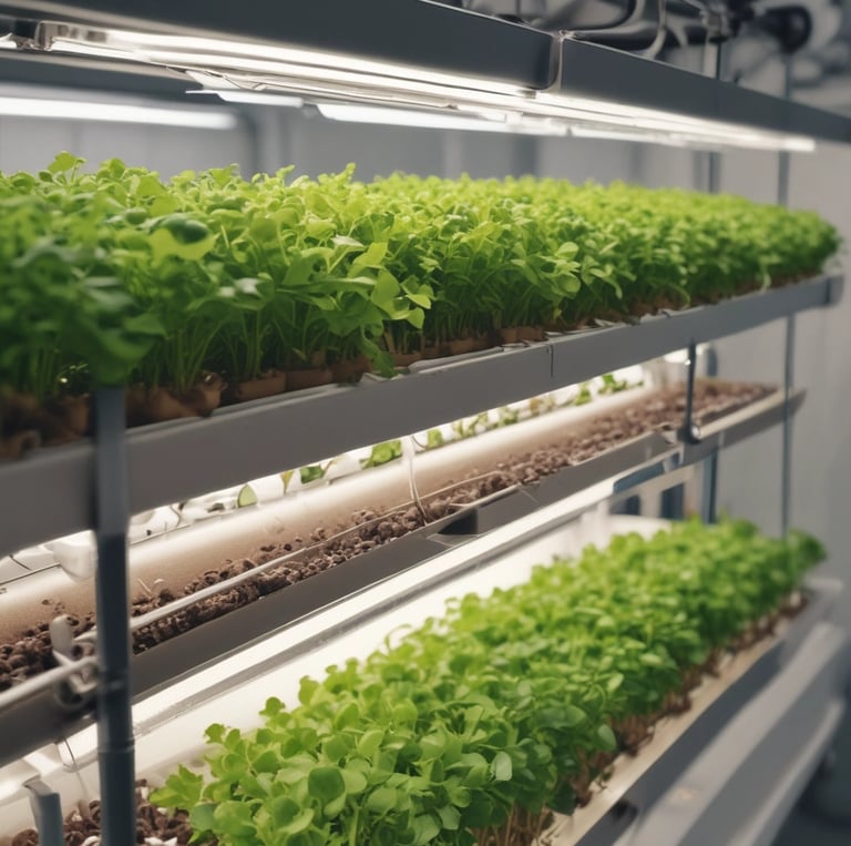 A vibrant microgreens farm bathed in soft natural light, showcasing lush green plants growing in neat rows.