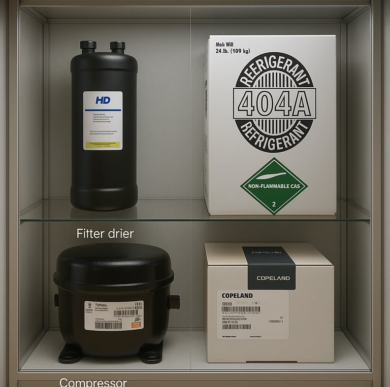 sparepart AC, filter drier, refrigerant R404A, kompresor hermetik, solenoid coil Copeland