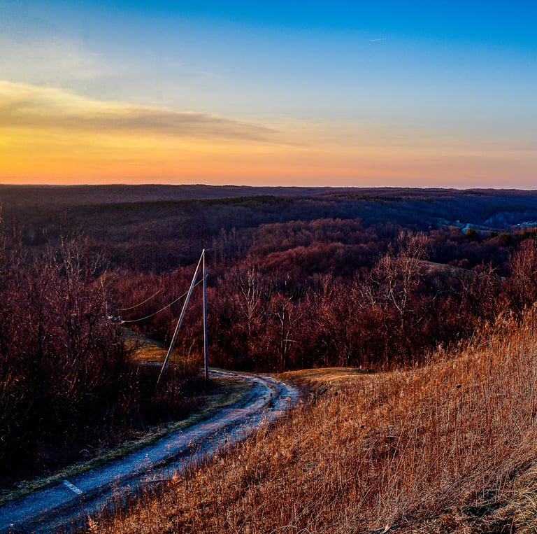 A winding rural road through a forest landscape during a golden sunset with rolling hills.