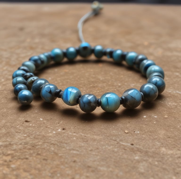 Close-up of a labradorite stone showing its shimmering blue and green flashes.
