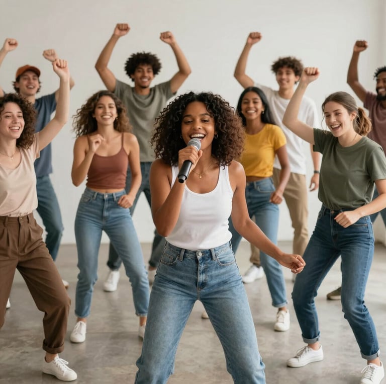 A lively group photo of diverse team members smiling and showcasing their talents at a community event.