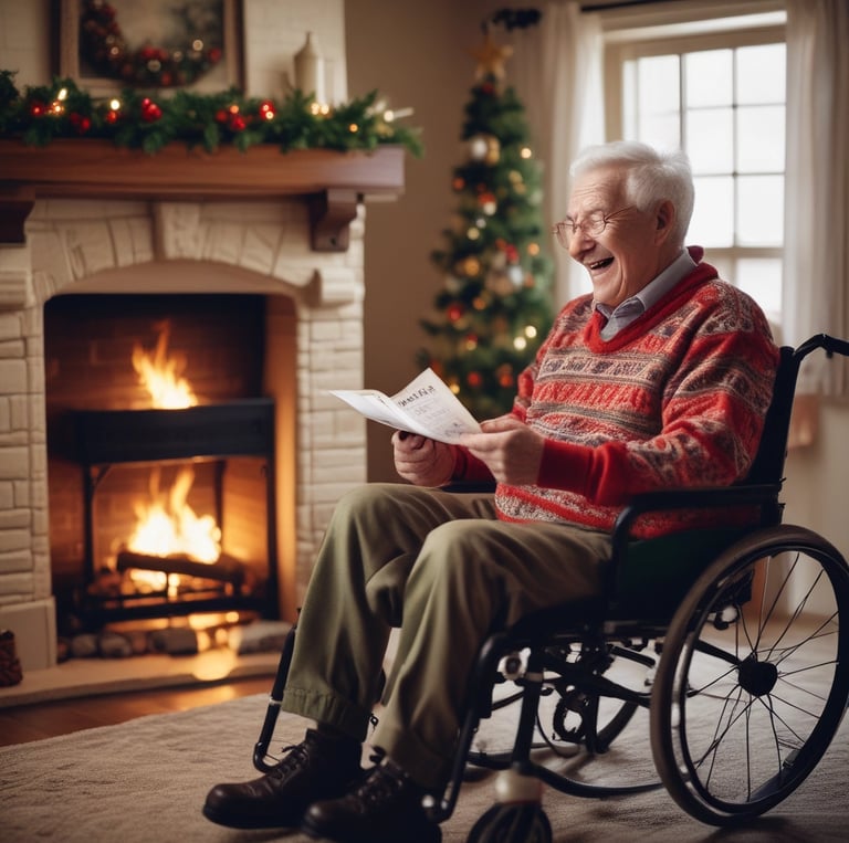 A smiling veteran receiving a handmade Christmas card from a volunteer outdoors on a snowy day.