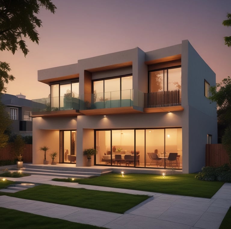 A cozy, modern home surrounded by greenery, symbolizing comfort and safety.