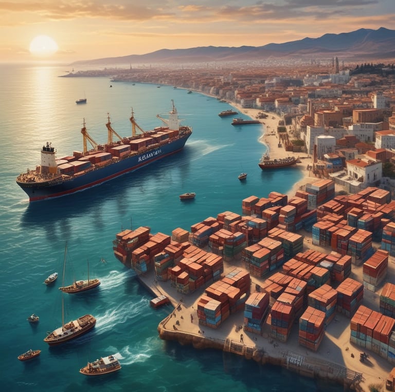 Aerial view of Mediterranean landscapes with agricultural fields and factories.
