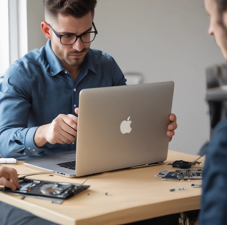 A modern tech repair workshop with tools and devices on a workbench.