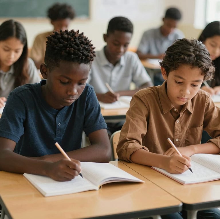 A diverse group of people engaged in reading and writing activities in a bright, inviting classroom.
