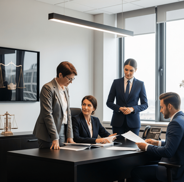 Equipo legal profesional de Soraya Mendoza reunido en su despacho moderno