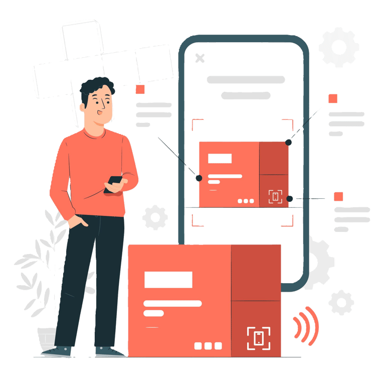 a man standing in front of a phone with a box of boxes