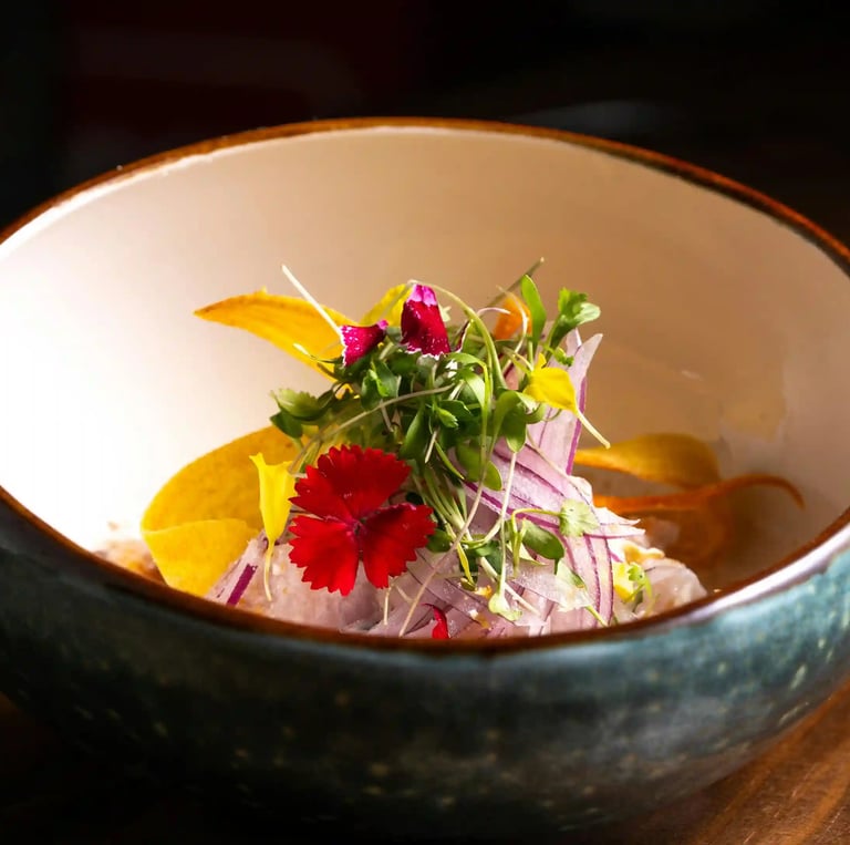 A bowl of ceviche in Lima Ceviche Bar restaurant in Lisbon, Portugal