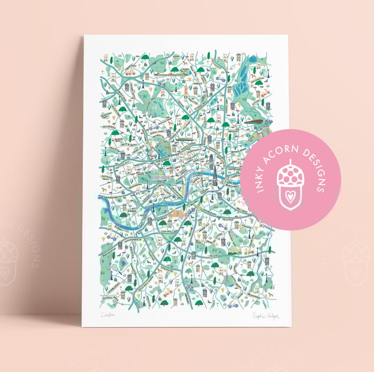 a map of london's streets, with little illustrations dotted around