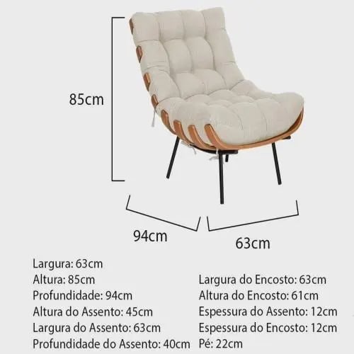 Poltrona Costela Com Puff Para Sala Original Linho Bege
