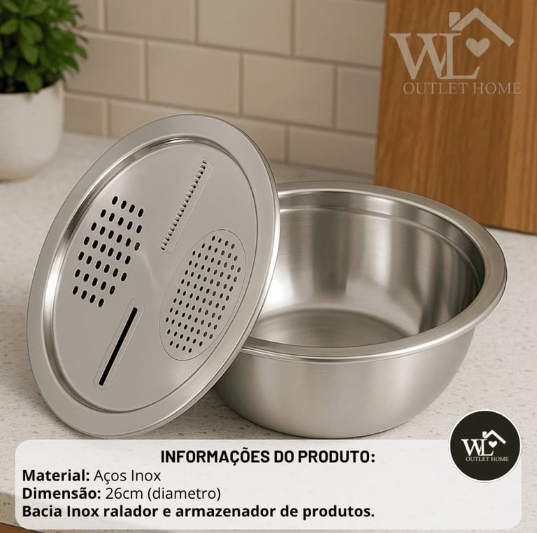 Tigela Inox 4 Em 1 Ralador Fatiador Bacia Legumes Queijo Manual 26cm Cozinha Prática Tampa Ralador