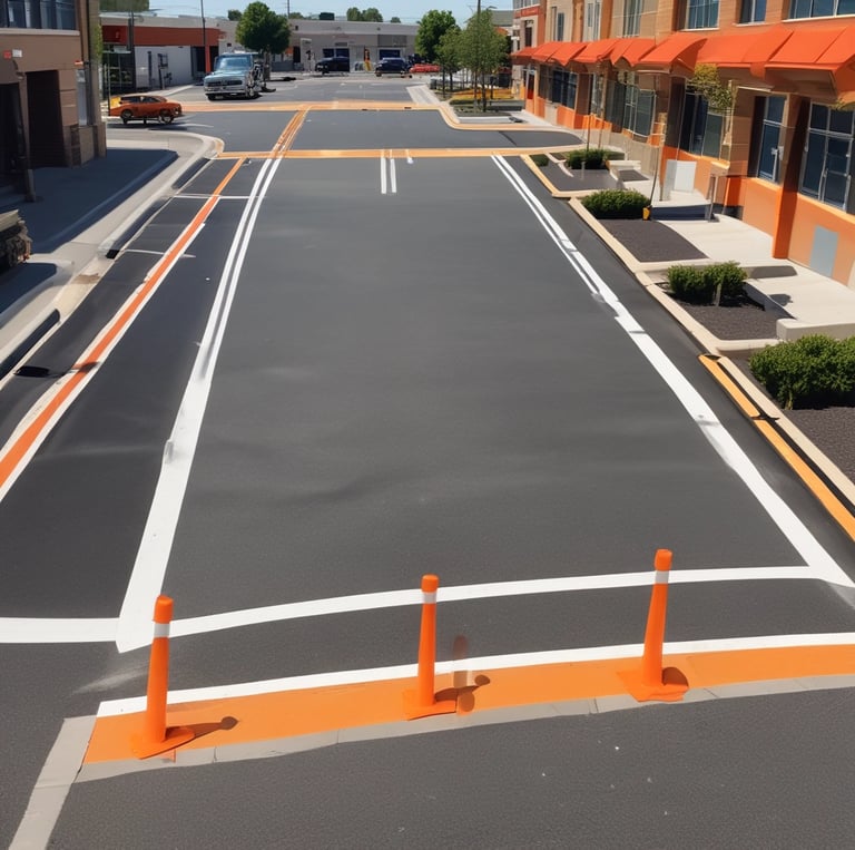 A painted section of pavement features a geometric design composed of white lines forming a segmented circular pattern. The segments are filled with different bright colors, including red, blue, green, and yellow, set against a dark asphalt background.