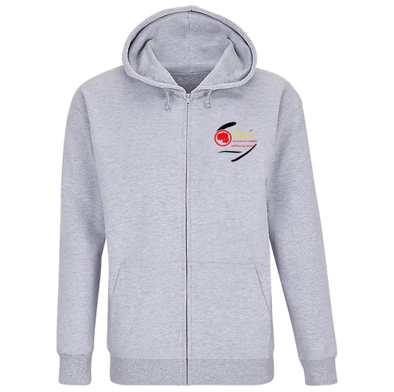 felpa grigia con zip e cappuccio con davanti logo