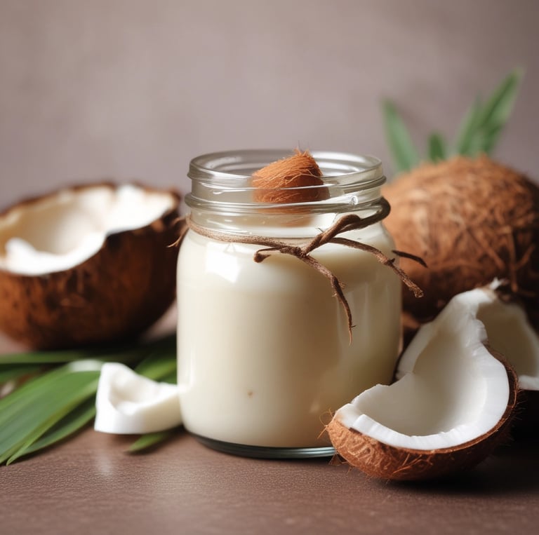 A jar of hair mask with a creamy white substance is displayed on a textured surface. The packaging features a blue label with the brand name 'VITA COCO' and illustrated green leaves.