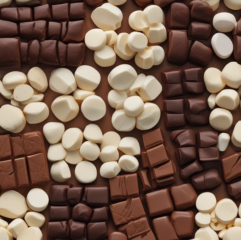 A display of various gelato flavors, with metal scoops positioned in each container. The gelato includes flavors with chocolate, nuts, and fruit toppings visible. The setting appears to be a gelato shop with multiple trays arranged in a row.