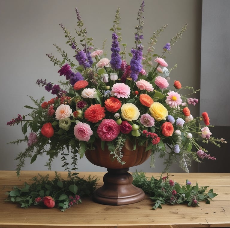 A vibrant display of competition vegetables and flowers at the Derbyshire Flower & Garden Show marquee.