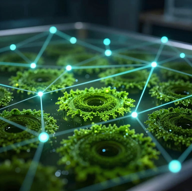 Close-up of a photobioreactor with sensors monitoring algae growth under soft natural light.
