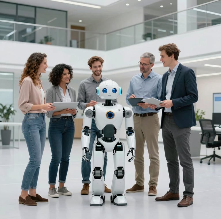 A warm, collaborative team meeting where AI concepts and human interaction blend seamlessly.