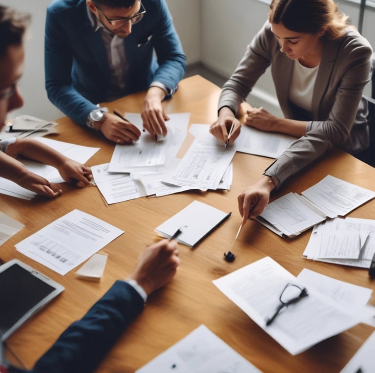 A white water tower with the text 'Burns & Wilcox' is prominently displayed against a clear blue sky. The tower is surrounded by tree branches with budding leaves, and an American flag is mounted on the tower.