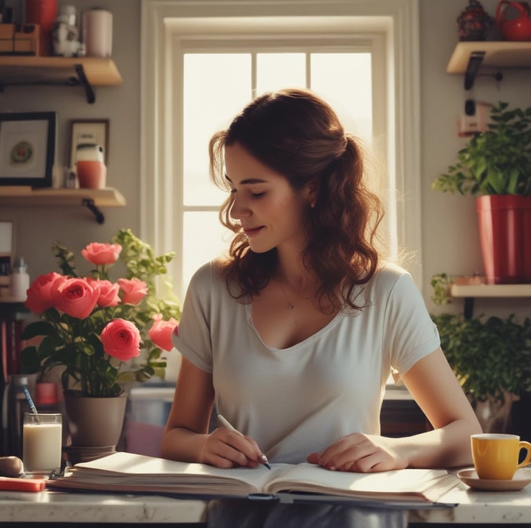 A cozy workspace with a journal, a cup of tea, and soft natural light.