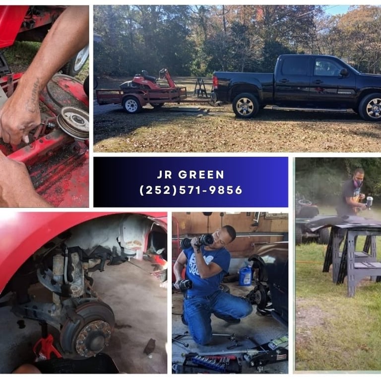 Collage of various jobs including painting a car, fixing car brakes, and fixing a mower deck.