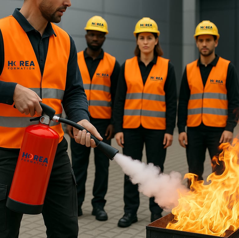 a man in a safety vest is using a fire extinguisher