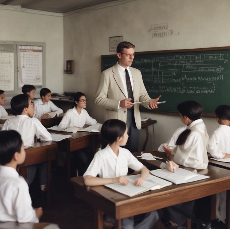 A person stands facing a chalkboard filled with mathematical equations, in a dimly lit classroom. Overhead, a fluorescent light illuminates the room, casting soft shadows. The person appears to be writing on the board, dressed casually in pants and a long-sleeved shirt.