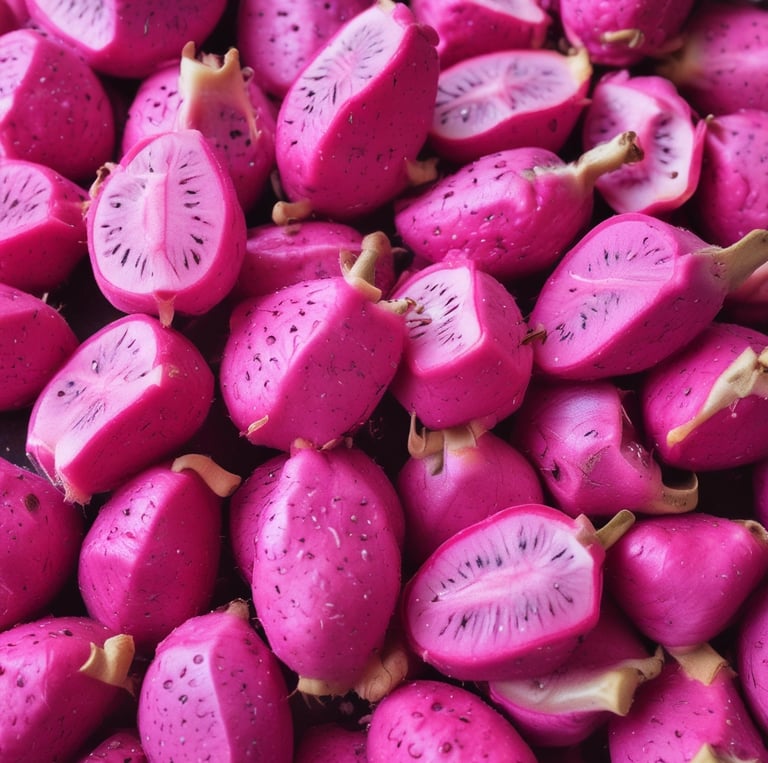 Three large durian fruits hanging from the branch of a tree surrounded by dense foliage. The scene is set in a lush, green environment with many leaves and branches forming a canopy overhead.