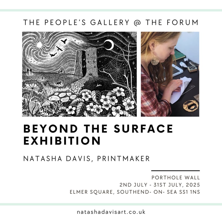 Natasha Davis printmaker art exhibition poster for Beyond the Surface at The People's Gallery in Southend.
