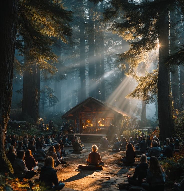 a group of people sitting on a path of spiritual awakening