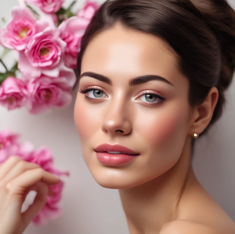 Various beauty and skincare products are neatly arranged on a white dressing table with a round mirror. The assortment includes perfumes, creams, and boxes, some with recognizable labels. Next to the mirror, a book sits with a decorative item resembling cotton branches in the background.